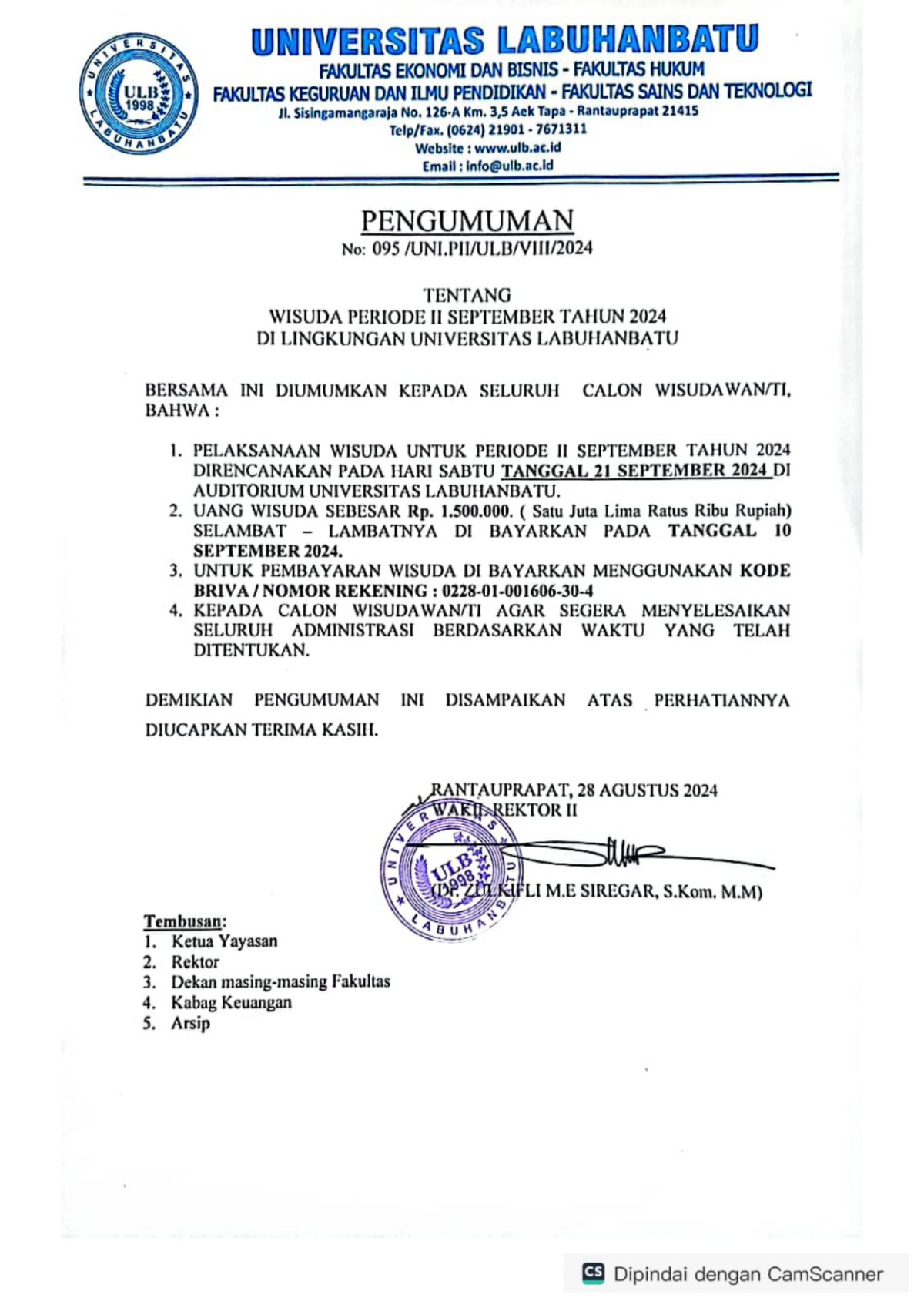 PENGUMUMAN WISUDA PERIODE SEPTEMBER TA. 2023/2024