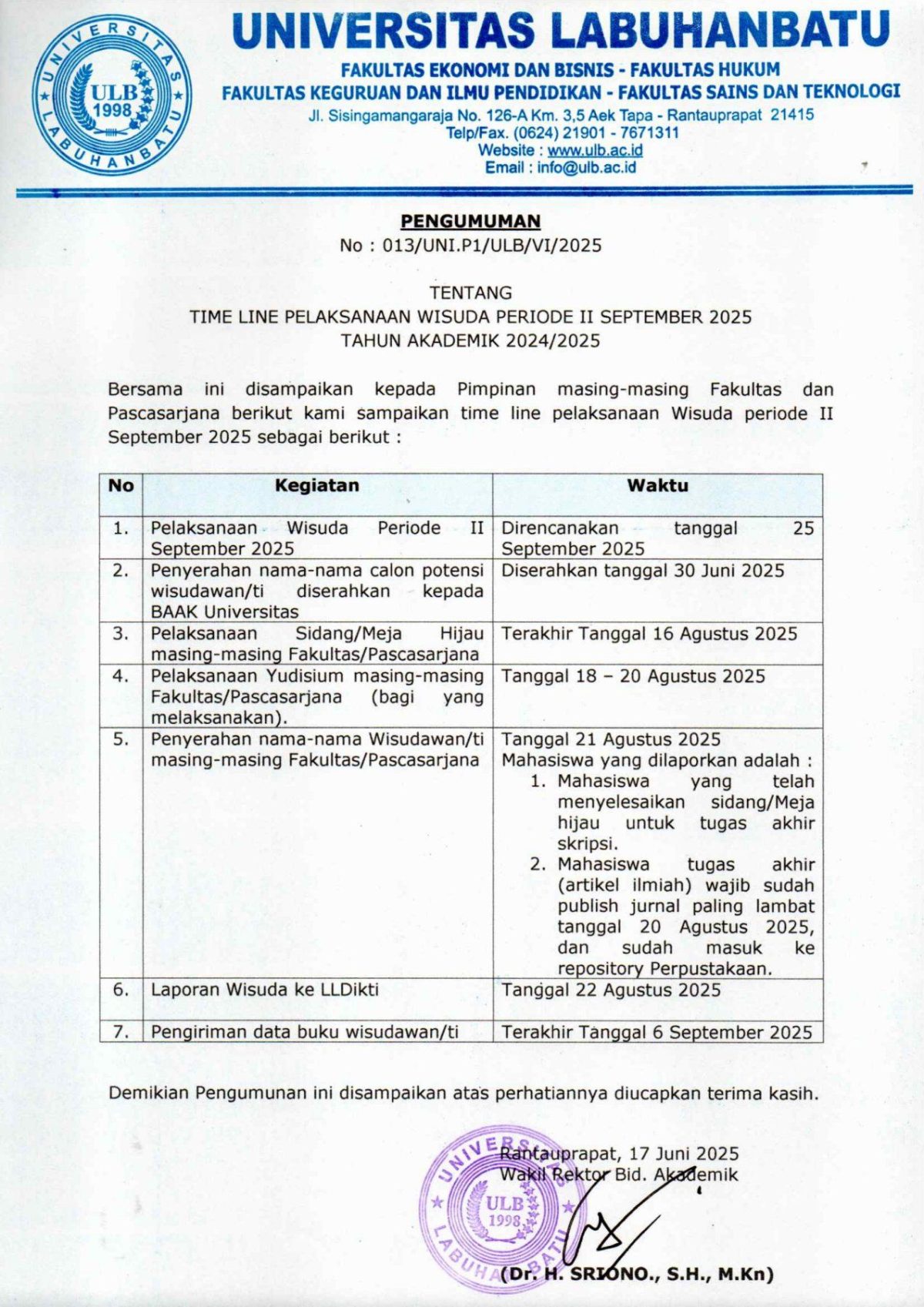 TIME LINE PELAKSANAAN WISUDA PERIODE II SEPTEMBER 2025 TA 2024/2025
