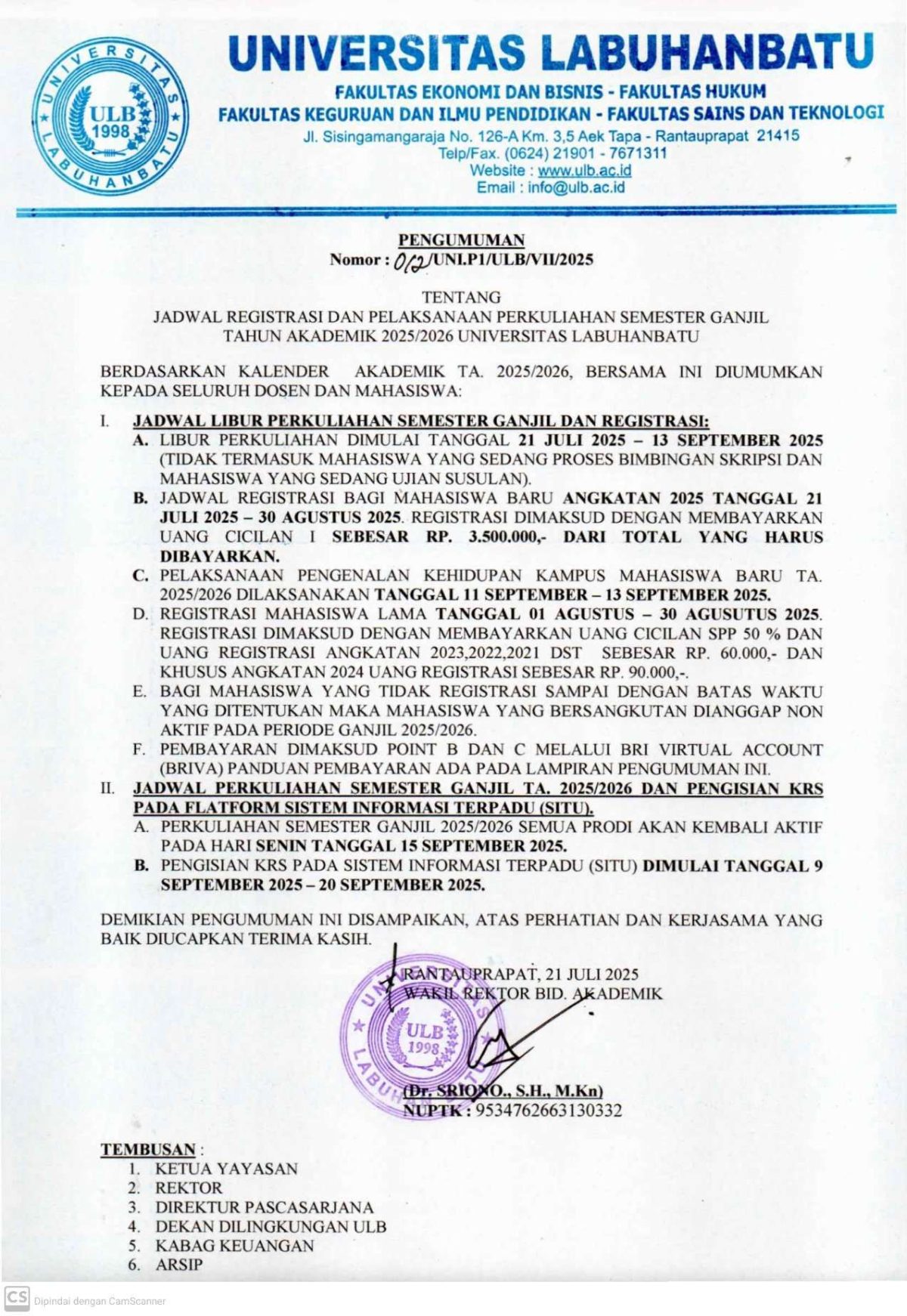 PENGUMUMAN TENTANG REGISTRASI SEMESTER GANJIL TAHUN AKADEMIK 2025/2026