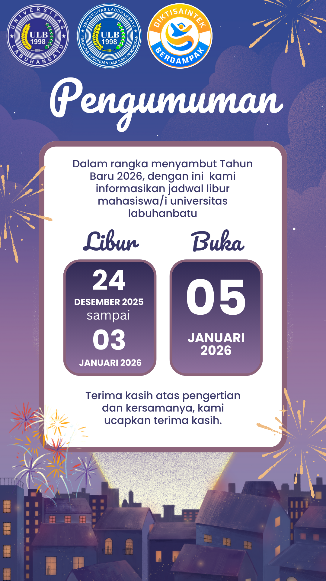 [PENGUMUMAN] Libur Perkuliahan Cuti Bersama Natal 2025 & Tahun Baru 2026
