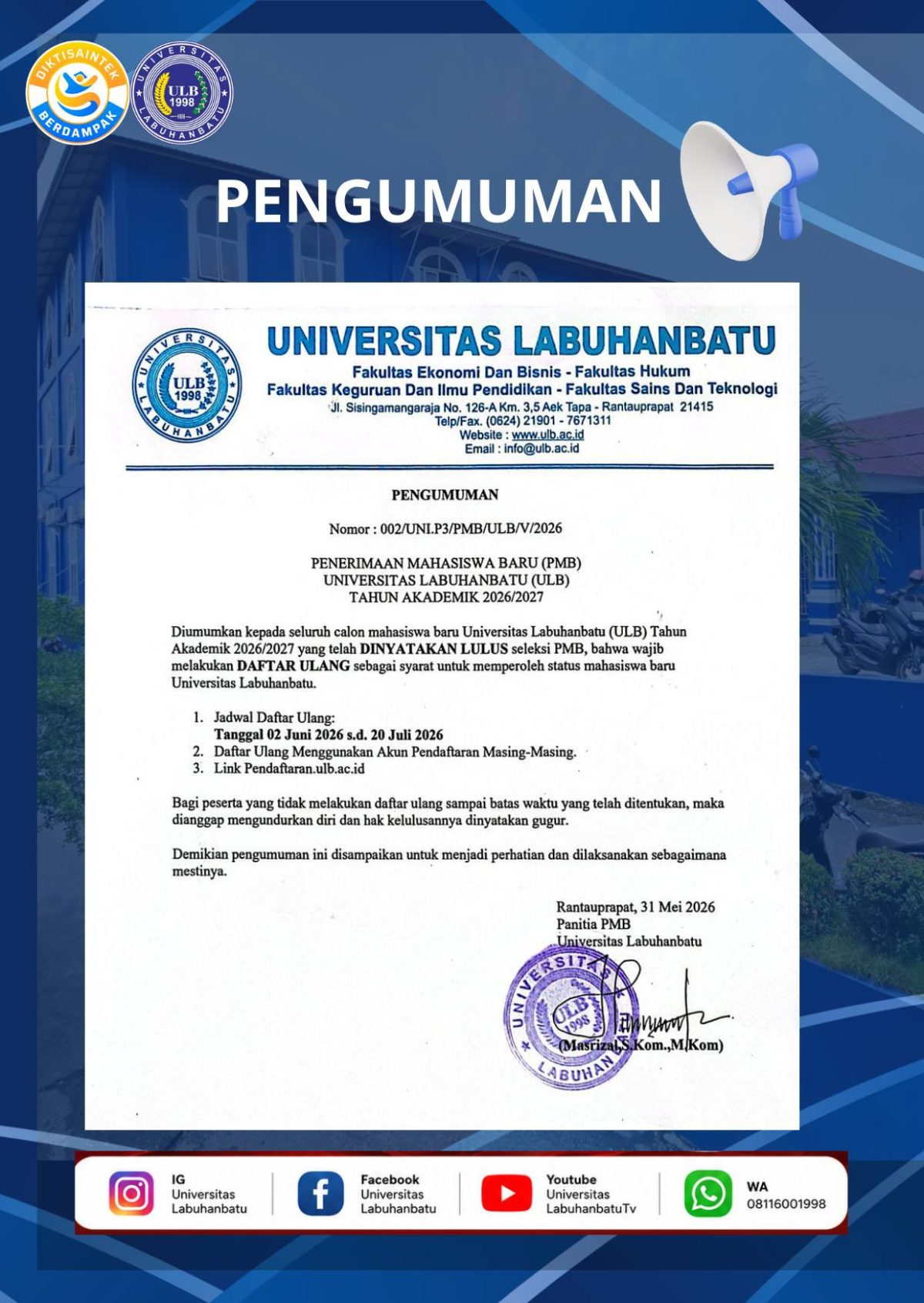 Pengumuman Kelulusan dan Jadwal Daftar Ulang Mahasiswa Baru 2026/2027 Universitas Labuhanbatu