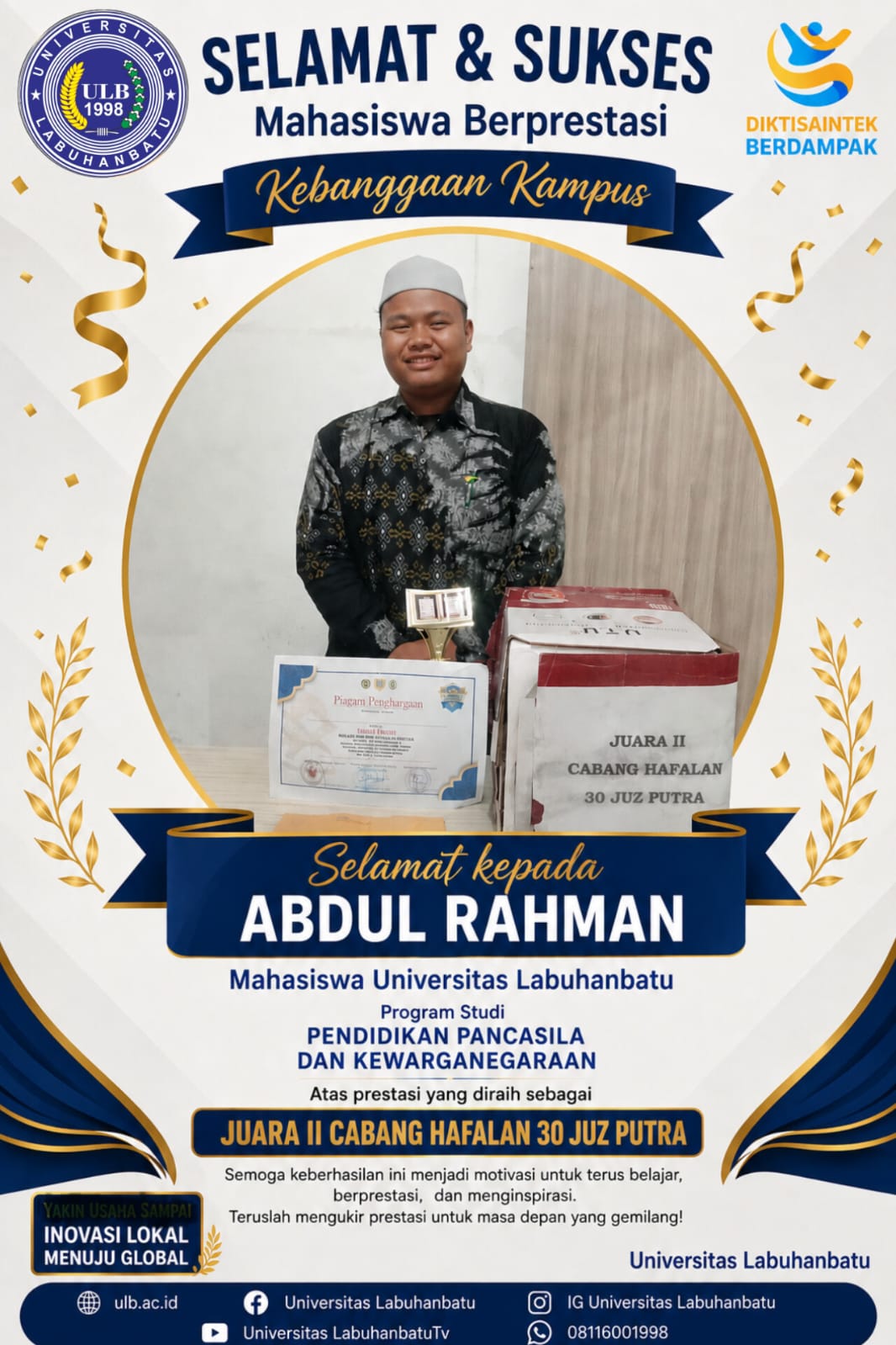 Abdul Rahman, Mahasiswa PPKn Universitas Labuhanbatu Raih Juara II Tahfiz 30 Juz Putra